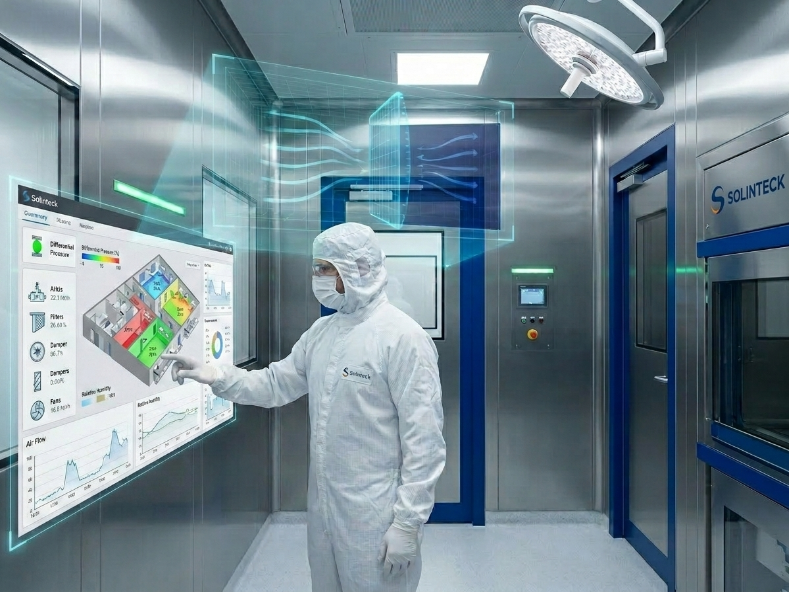 Ingeniería Solinteck para automatización de laboratorios farmacéuticos y salas de cirugía en Bogotá, mostrando sistemas BMS para control de presión negativa y biocontainment BSL-3.