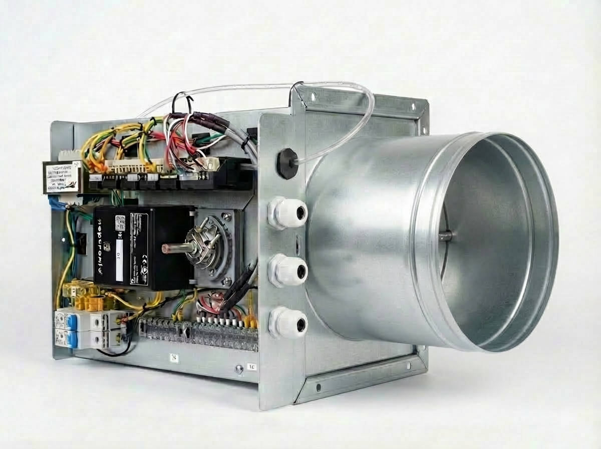 Caja VAV de volumen de aire variable fabricada por SOLINTECK, ingeniería colombiana de alta precisión para sistemas HVAC y control de zonas.