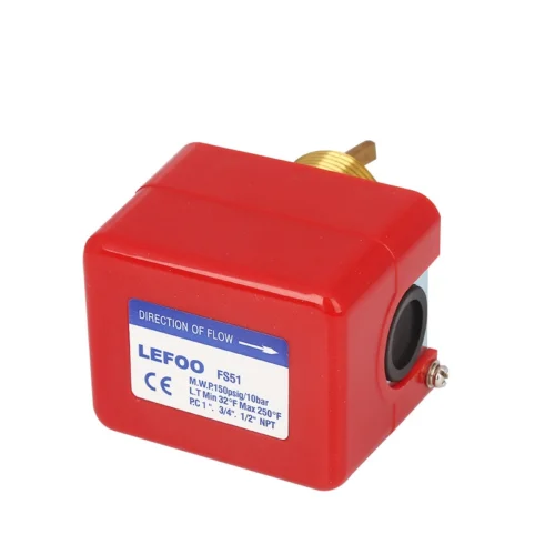 Carcasa y Etiqueta Flow Switch LEFOO FS51 Vista detallada de la carcasa roja y etiqueta de especificaciones del interruptor de flujo LEFOO FS51