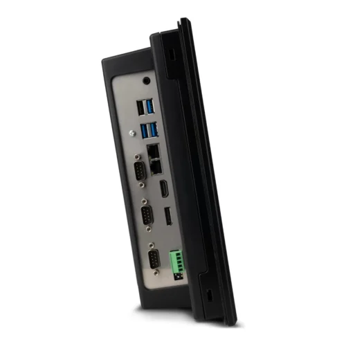 Computador industrial CIMON iNP Celeron, vista lateral con puertos Lateral del computador industrial CIMON iNP Celeron con puertos de conexión