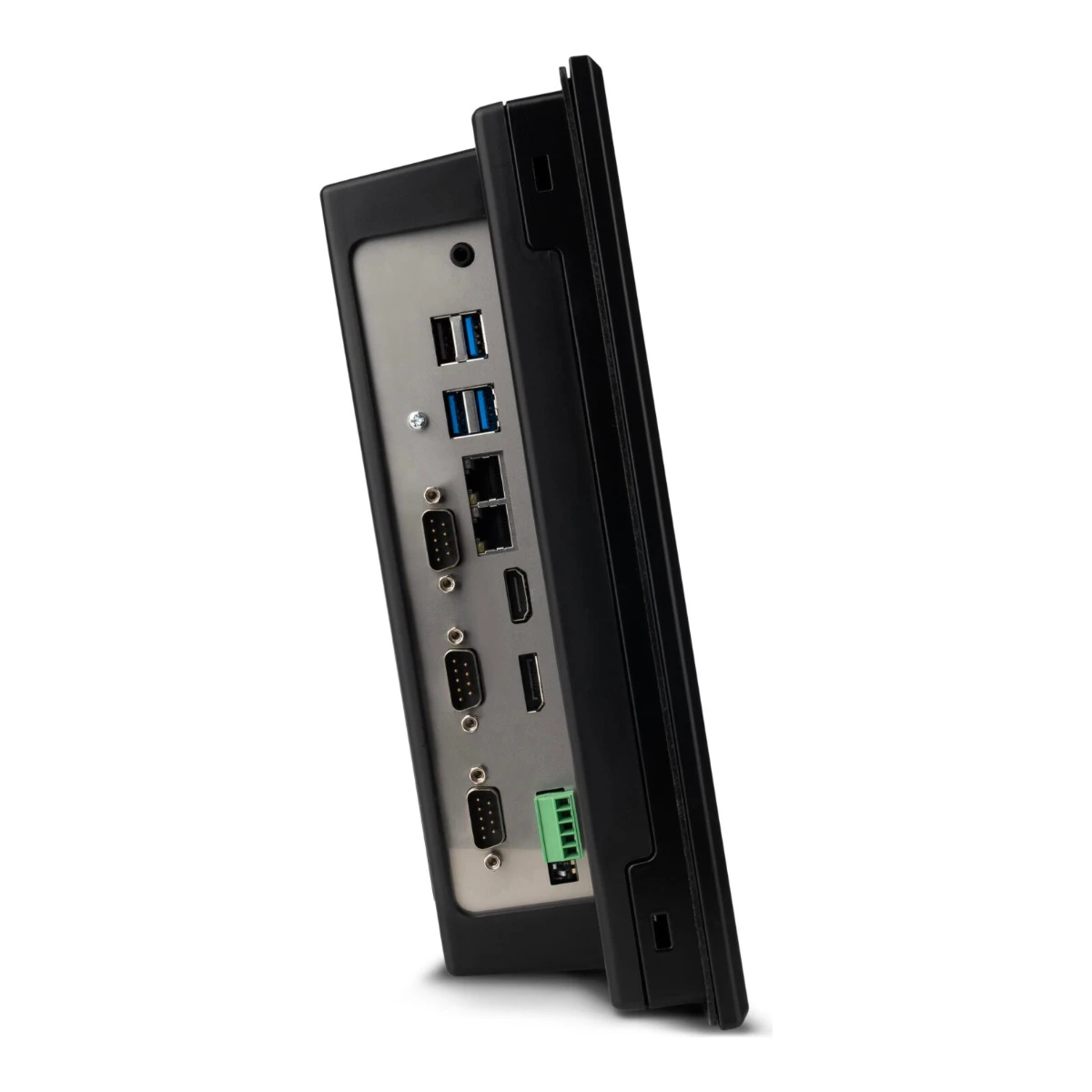 Lateral del computador industrial CIMON iNP Celeron con puertos Ethernet, USB, HDMI, DisplayPort y serie