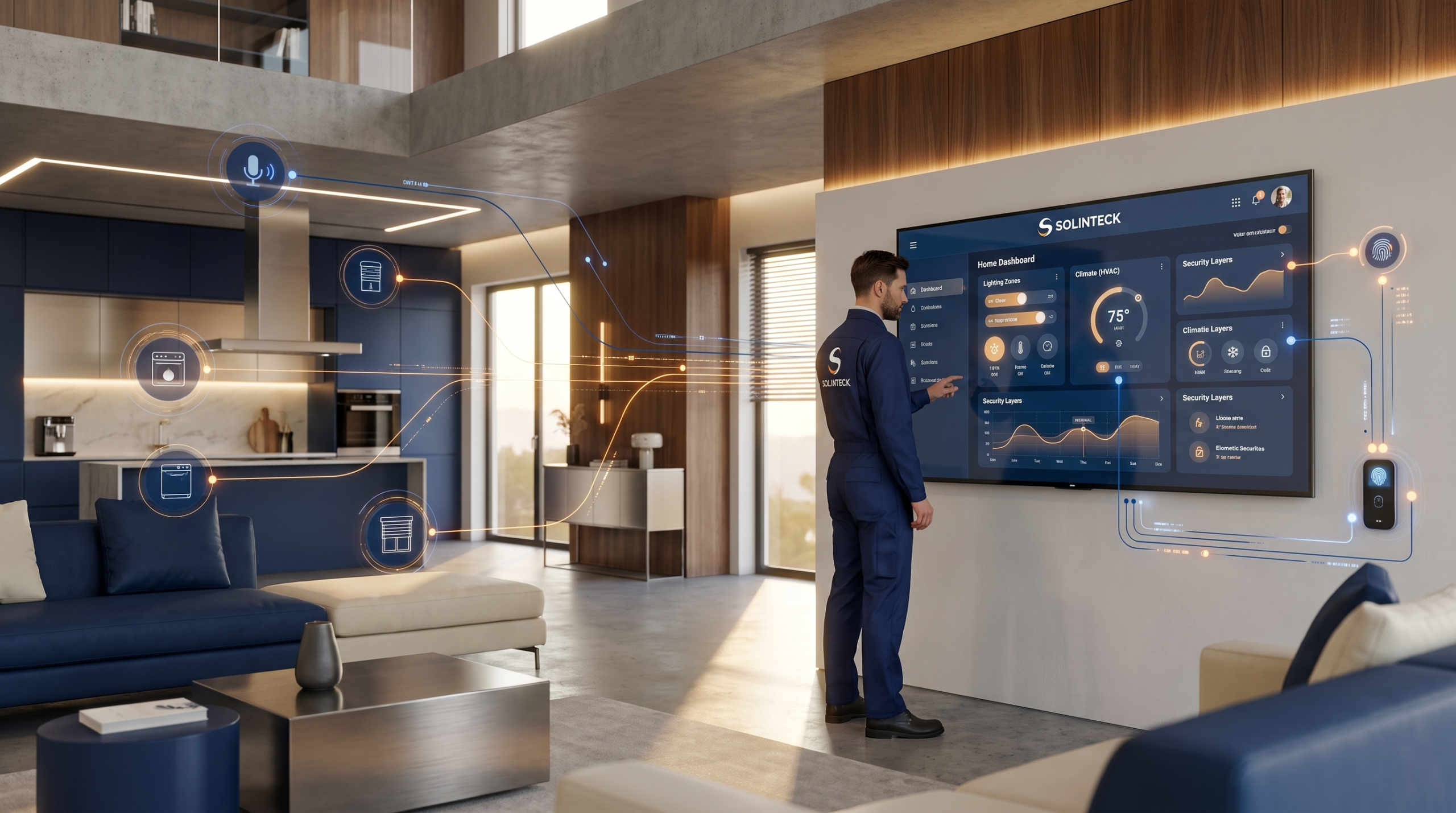Ingeniería de domótica residencial Solinteck en Bogotá, mostrando integración de hogares inteligentes con control de iluminación, clima y seguridad mediante IA y redes IoT.