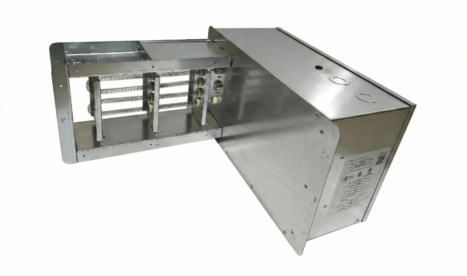 Calentador industrial eléctrico para ductos HVAC con resistencias aletadas, diseñado y fabricado íntegramente en Colombia por SOLINTECK.