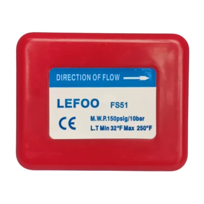 Etiqueta Frontal Especificaciones LEFOO FS51 Etiqueta frontal del interruptor de flujo LEFOO FS51 mostrando presión máxima de 10 bar y rango de temperatura