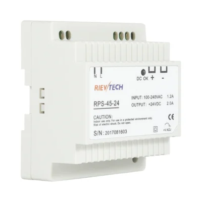 Fuente conmutada Rievtech RPS-45-24 de riel DIN, entrada 100-240 V CA y salida 24 V CC 2 A