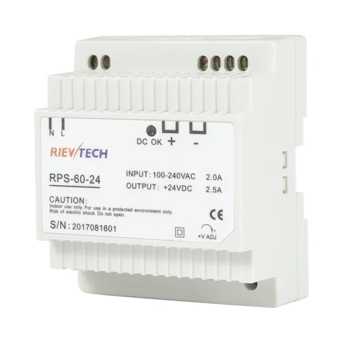 Fuente de alimentación riel DIN 24 V CC 2,5 A Rievtech RPS-60-24 Fuente conmutada Rievtech RPS-60-24 de riel DIN con salida de 24 V CC y 2,5 A