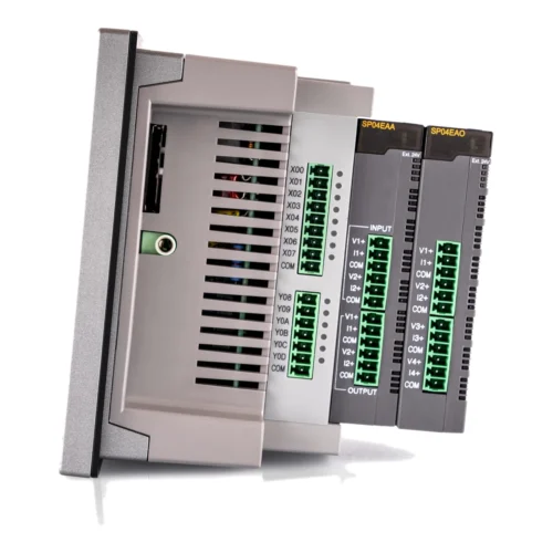 HMI con PLC integrado CIMON Hybrid con módulos de expansión, vista lateral HMI con PLC integrado CIMON Hybrid con módulos analógicos de expansión acoplados