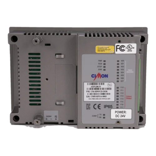 HMI PLC CIMON Hybrid, vista posterior Parte posterior de la HMI con PLC integrado CIMON Hybrid con placa de identificación, CE, UL e IP65