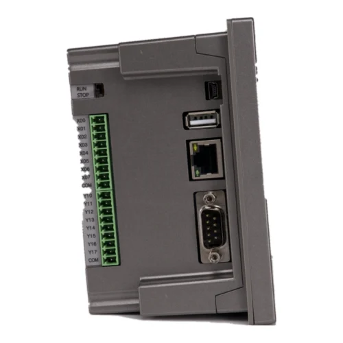 HMI PLC CIMON Hybrid, puertos laterales Puertos de la HMI con PLC integrado CIMON Hybrid: bornera de E/S, USB, Ethernet y puerto serie DB9