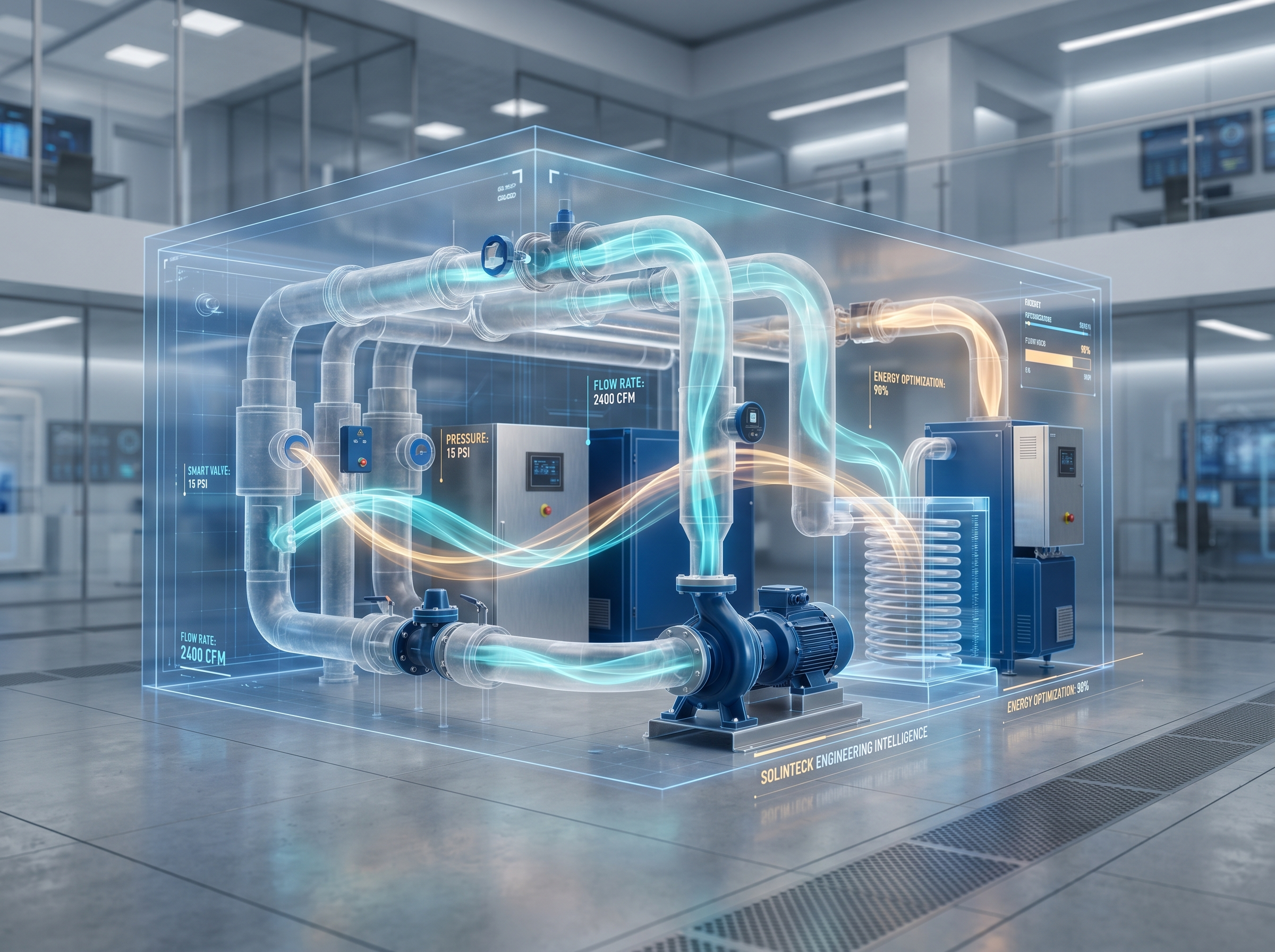 Render 3D conceptual de ingeniería HVAC-R de Solinteck que muestra el diseño, desarrollo y automatización de sistemas de climatización industrial en Bogotá, Colombia.