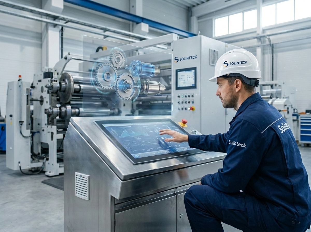 Ingeniería de automatización industrial de Solinteck en Bogotá, mostrando el retrofit de maquinaria, programación de PLC y control de servomotores para optimización de procesos productivos.
