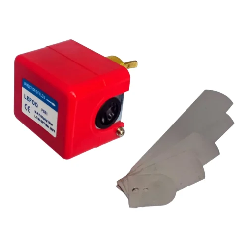 interruptor-flujo-lefoo-fs51-juego-paletas Interruptor de flujo tipo paleta LEFOO FS51 rojo mostrando juego de 4 paletas de acero inoxidable para diferentes tuberías