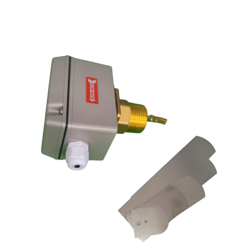 Interruptor Flujo FS52 Gris y Paletas Interruptor de flujo industrial LEFOO FS52 gris junto a juego de paletas de acero inoxidable intercambiables