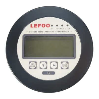 Manómetro de presión diferencial LEFOO LFM326 con pantalla LCD, indicadores SP1, SP2, ALHI y ALLO, y teclado de configuración