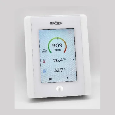 Medidor de calidad del aire Vector SRD2 con pantalla táctil de 3,5 pulgadas Medidor de calidad del aire Vector SRD2-TOPIR con pantalla táctil de 3,5 pulgadas mostrando CO2, temperatura y humedad
