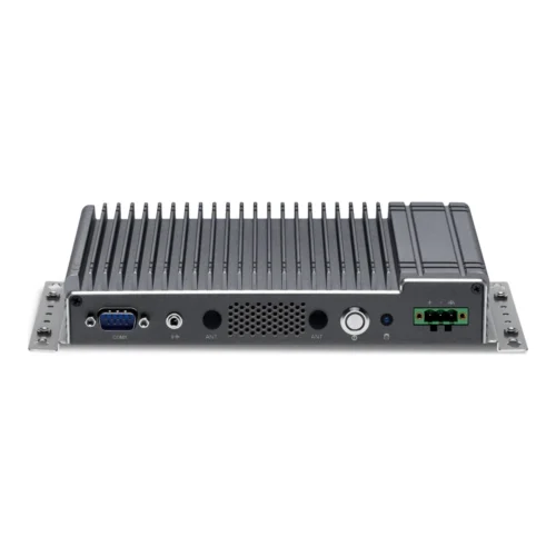 Mini PC industrial fanless CIMON NB con disipador de aletas, puerto serie y bornera de 24 VDC
