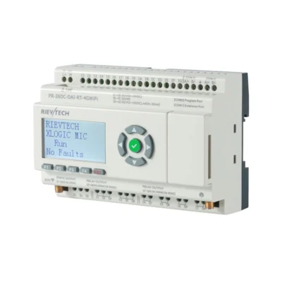 Mini PLC con Ethernet Rievtech PR-N en vista frontal, con pantalla LCD y teclado de programación