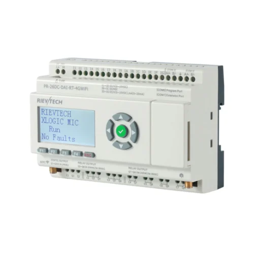 Mini PLC con Ethernet Rievtech PR-N en vista frontal, con pantalla LCD y teclado de programación