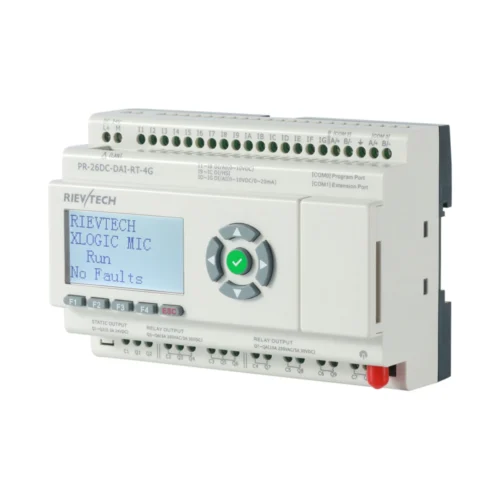 Mini PLC con Ethernet Rievtech serie PR-N, lateral Vista lateral del Mini PLC con Ethernet Rievtech PR-N con el conector de expansión