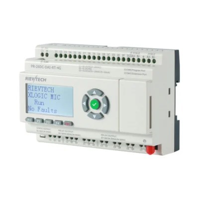 Mini PLC con entradas PT100 Rievtech PR-23, borneras Borneras del Mini PLC Rievtech PR-23, donde se conectan las sondas PT100 y las señales de campo
