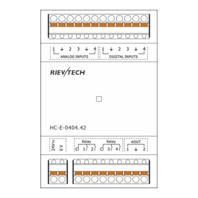 Esquema de bornes del módulo de expansión HVAC Rievtech HC-E-0404.42 con 4 entradas analógicas, 4 entradas digitales, 4 relés y 2 salidas analógicas