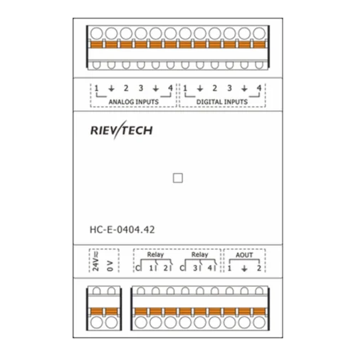 Módulo de expansión HVAC Rievtech HC-E-0404.42 — disposición de bornes Esquema de bornes del módulo de expansión HVAC Rievtech HC-E-0404.42 con 4 entradas analógicas, 4 entradas digitales, 4 relés y 2 salidas analógicas