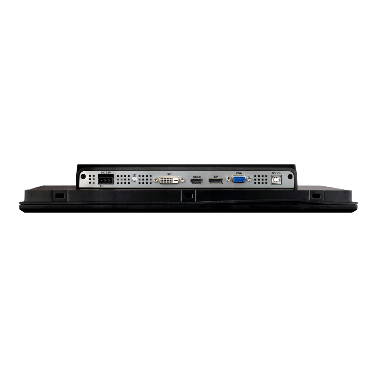 Conectores del monitor industrial CIMON IM: 24 VDC, DVI, HDMI, DisplayPort, VGA y USB táctil