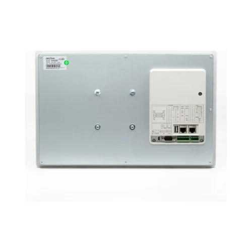 Pantalla HMI 15.6 pulgadas Rievtech RTS6156H — vista posterior Parte posterior de la pantalla HMI Rievtech RTS6156H con bornera de 24 V, DB9, Ethernet y micro SD