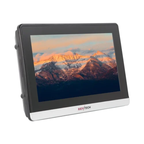 Pantalla HMI 7 pulgadas Rievtech RTS007 — vista en perspectiva Vista en perspectiva de la pantalla HMI Rievtech RTS007 de 7 pulgadas sobre fondo blanco