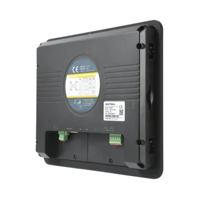 Parte posterior de la pantalla HMI Rievtech RTS010 con bornera de 24 V CC, puertos serie y etiqueta