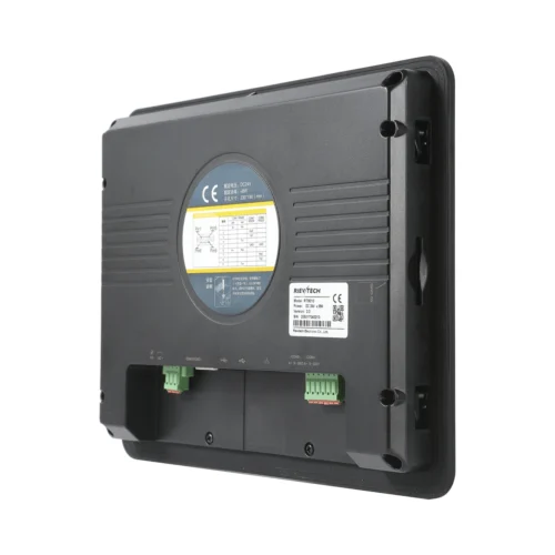 Pantalla HMI 9.7 pulgadas Rievtech RTS010 — vista posterior con bornes Parte posterior de la pantalla HMI Rievtech RTS010 con bornera de 24 V CC, puertos serie y etiqueta