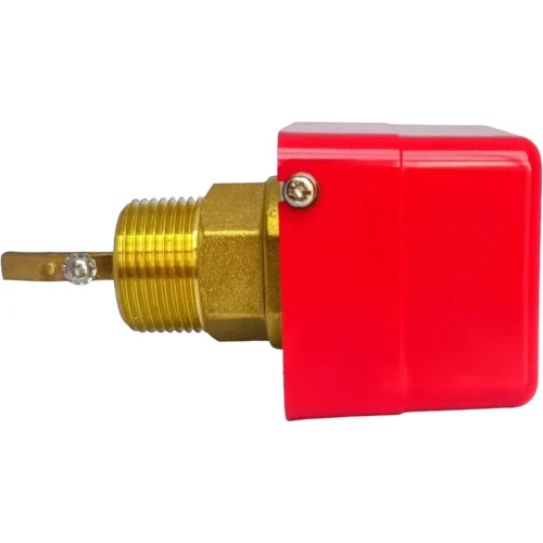 Perfil Lateral Sensor de Flujo FS51 Rojo Vista lateral del sensor de flujo de agua LEFOO FS51 mostrando el cuerpo rojo y la rosca de bronce