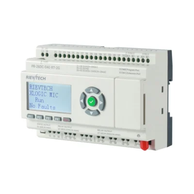PLC con 4G y WiFi Rievtech PR-26 en vista frontal, con pantalla LCD y teclado