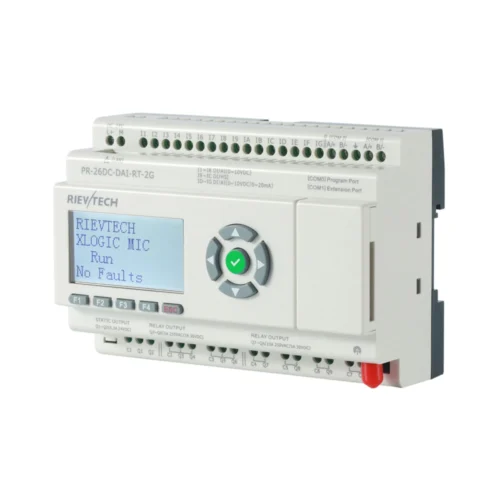PLC con 4G y WiFi Rievtech PR-26 en vista frontal, con pantalla LCD y teclado