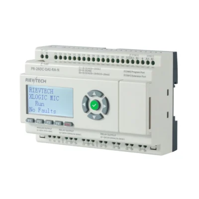 PLC con 4G y WiFi Rievtech PR-26 en perspectiva, mostrando su carcasa para riel DIN