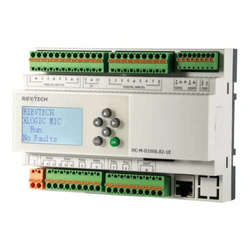 PLC HVAC Rievtech HC-M-D1006.82-1E — perspectiva derecha PLC HVAC Rievtech HC-M-D1006.82-1E en perspectiva desde la derecha, donde se aprecian las borneras extraíbles y el perfil para riel DIN