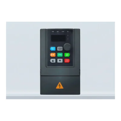 Vista frontal del variador de frecuencia monofásico a trifásico Rievtech RI9000-2S con teclado, perilla de ajuste y display