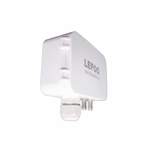 Transmisor presion aire LFM108 frontal diagonal Transmisor de presión diferencial aire LFM108 vista frontal en ángulo con logotipo de fábrica LEFOO