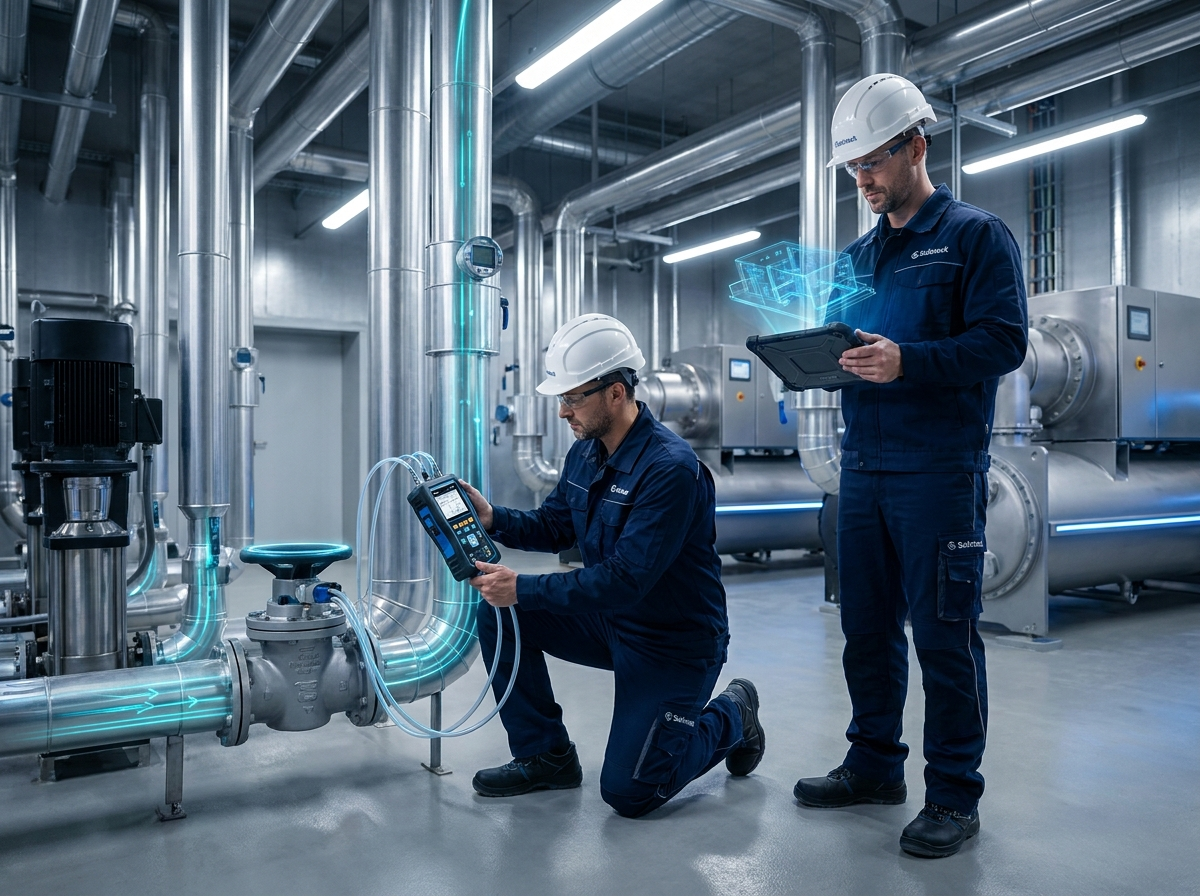 Ingenieros de Solinteck Bogotá realizando balanceo de sistemas hidrónicos industriales utilizando equipos de medición digital y tecnología AR para optimizar caudales de agua en planta mecánica HVAC.