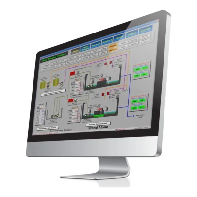 Software SCADA CIMON UltimateAccess con diagrama de proceso completo de una planta