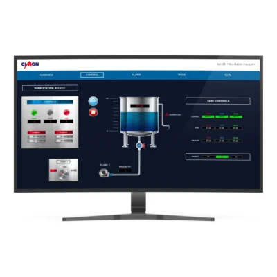 Software SCADA CIMON UltimateAccess mostrando una estación de bombeo con tanque, bombas y controles