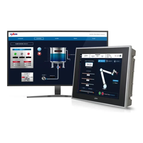 Software SCADA CIMON UltimateAccess en PC industrial Software SCADA CIMON UltimateAccess corriendo en un monitor y en un PC industrial táctil CIMON