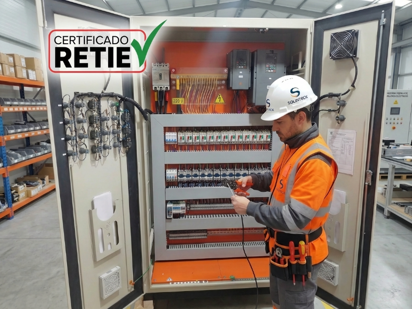 Técnico electricista certificado de SOLINTECK realizando cableado en tablero eléctrico industrial **certificado RETIE** con variadores de frecuencia en planta de fabricación.