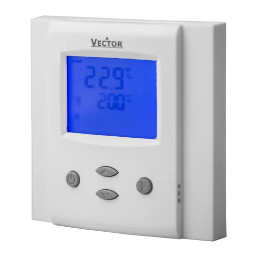 Termostato fancoil Vector TLC3 caja europea, lateral izquierdo Termostato fancoil Vector Controls TLC3 en caja europea cuadrada, vista lateral izquierda