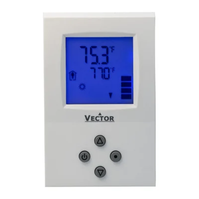 Termostato fancoil Vector Controls TLC3-U en caja norteamericana rectangular, vista frontal