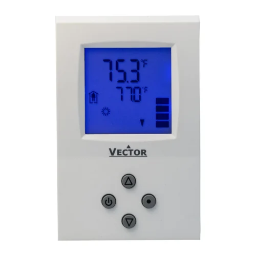 Termostato fancoil Vector TLC3-U caja americana, vista frontal Termostato fancoil Vector Controls TLC3-U en caja norteamericana rectangular, vista frontal