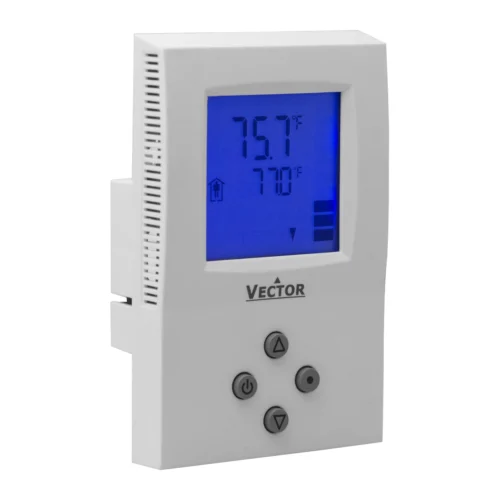 Termostato fancoil Vector TLC3-U caja americana, lateral derecho Termostato fancoil Vector Controls TLC3-U en caja norteamericana rectangular, vista lateral derecha