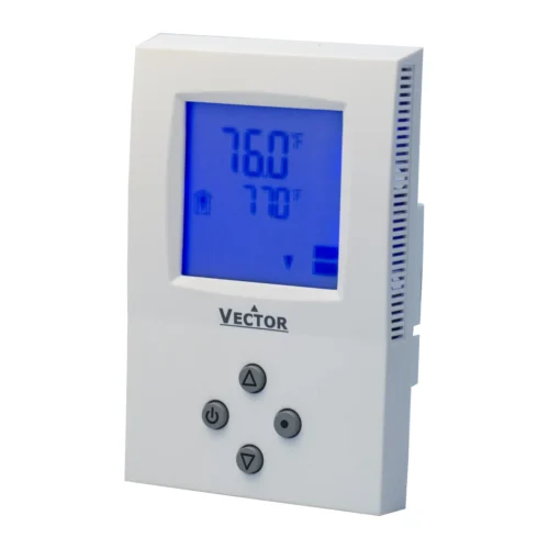 Termostato fancoil Vector TLC3-U caja americana, lateral izquierdo Termostato fancoil Vector Controls TLC3-U en caja norteamericana rectangular, vista lateral izquierda