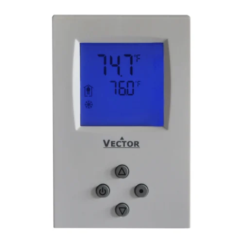 Termostato fancoil Vector TLC3-U, admisión de aire del sensor Termostato fancoil Vector Controls TLC3-U en caja norteamericana, vista frontal con display en grados Fahrenheit