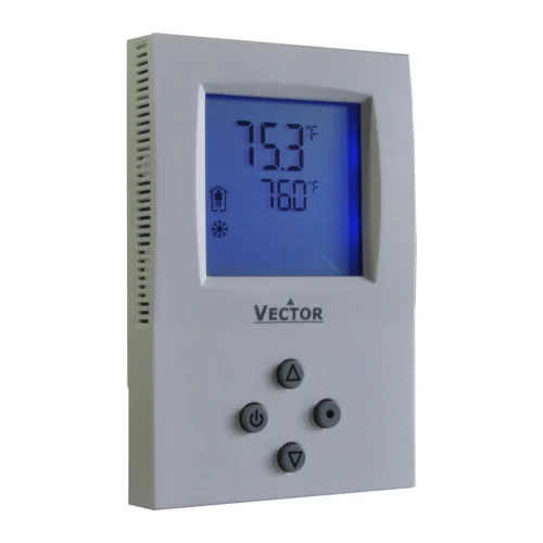 Termostato fancoil Vector TLC3-U, rejilla del sensor vista izquierda Termostato fancoil Vector Controls TLC3-U con la admisión de aire del sensor visible en el costado, vista izquierda